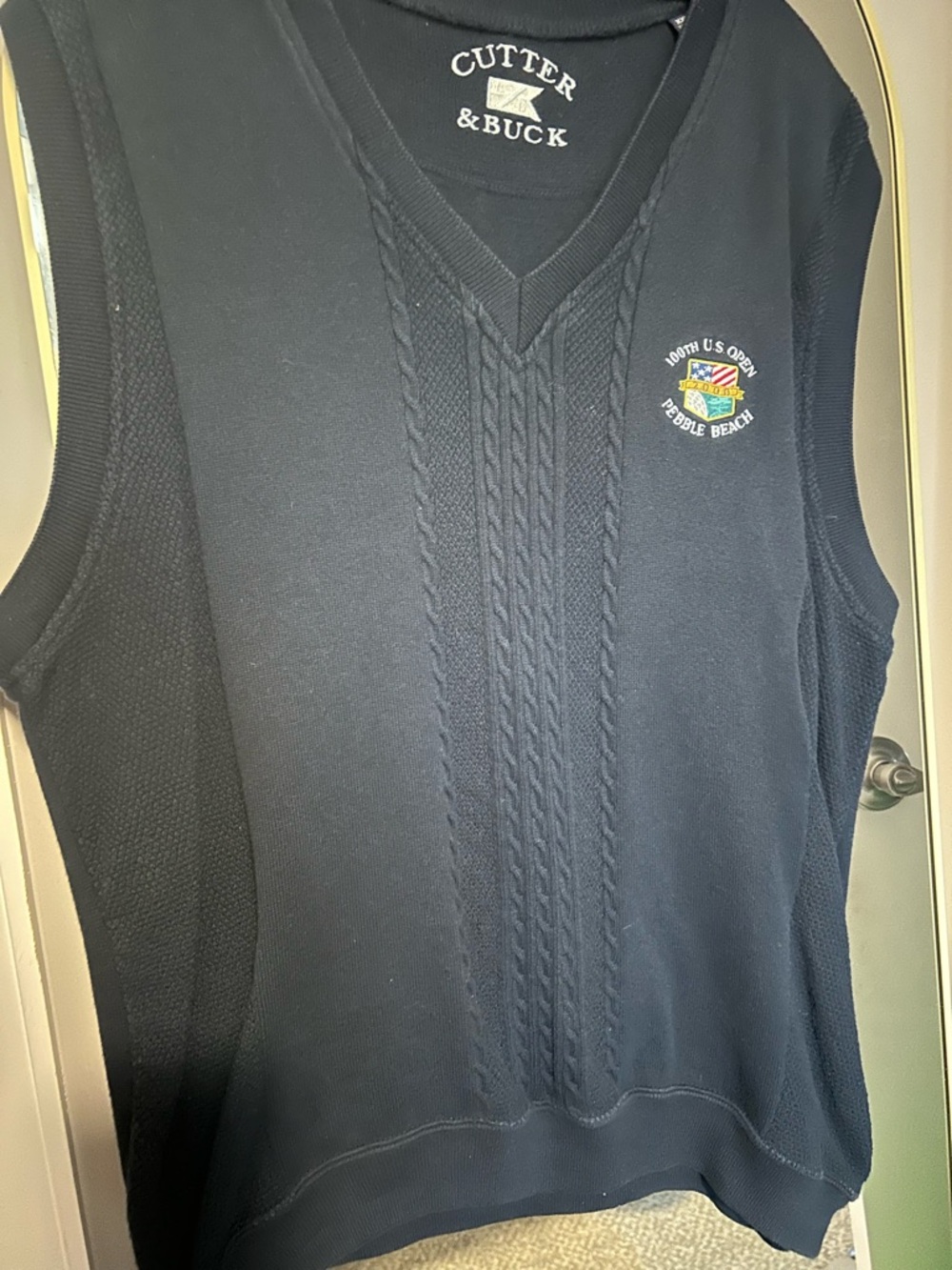 Cutter & Buck Navy Cable-Knit Sleeveless Golf Vest Pebble Beach Logo US Open